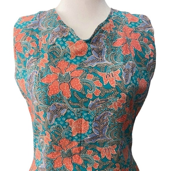 Vintage 70s Talon Blue Sleeveless V Neck Back Zip Slit Floral Dress small 4 - Picture 5 of 16